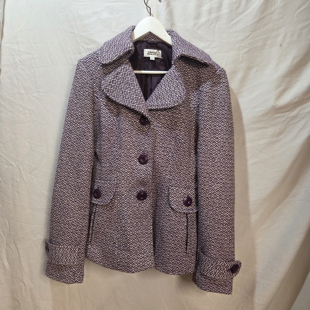 Costa Blanca Purple And White Tweed Peacoat 30% Wool Sz 10 Classic Geometric Y2k